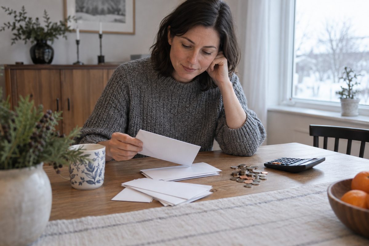 Woman planning a household budget at a sunlit dining table