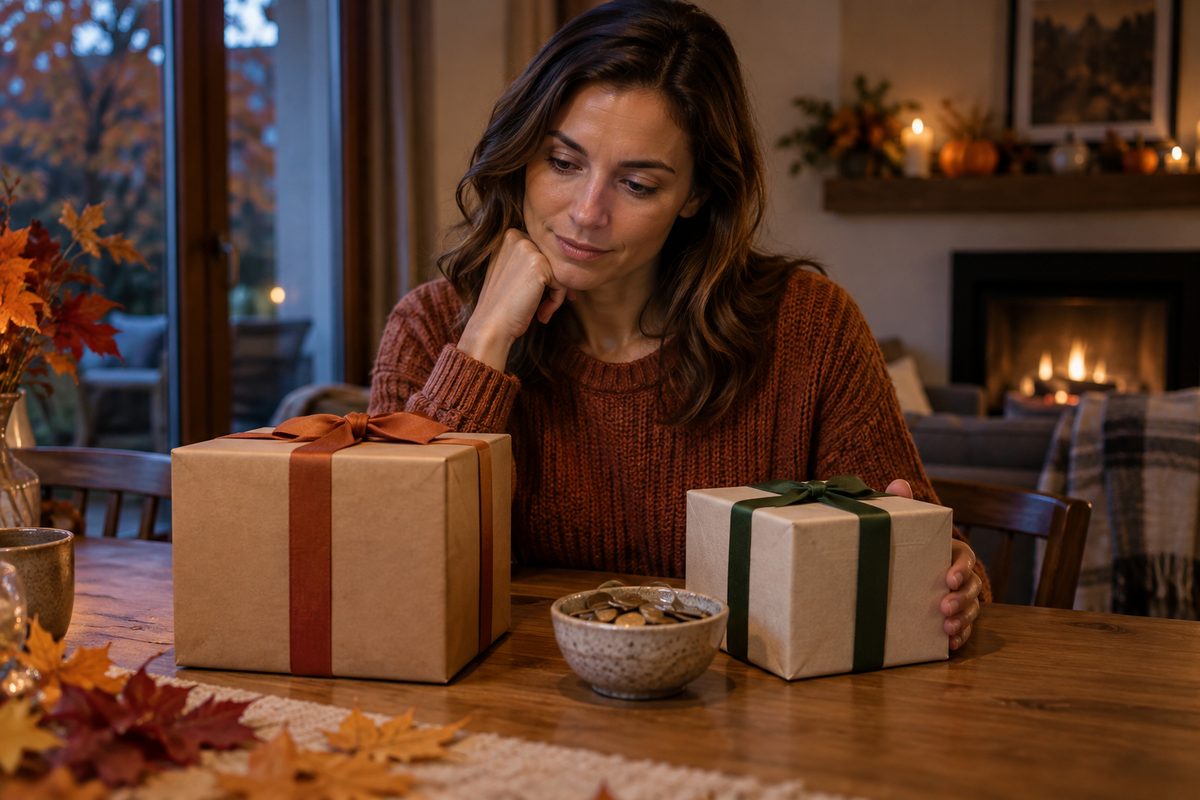 Woman considering wrapped gifts during an autumn evening at home