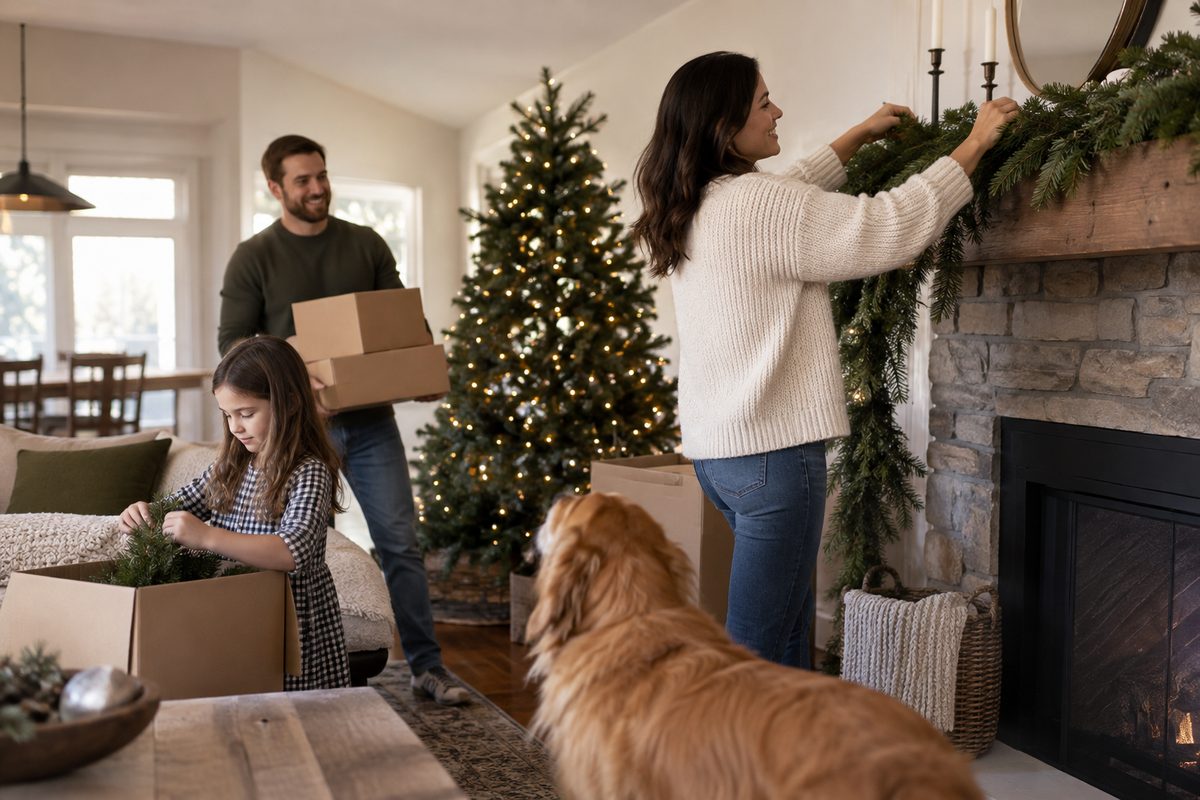 Family decorating the living room for Christmas
