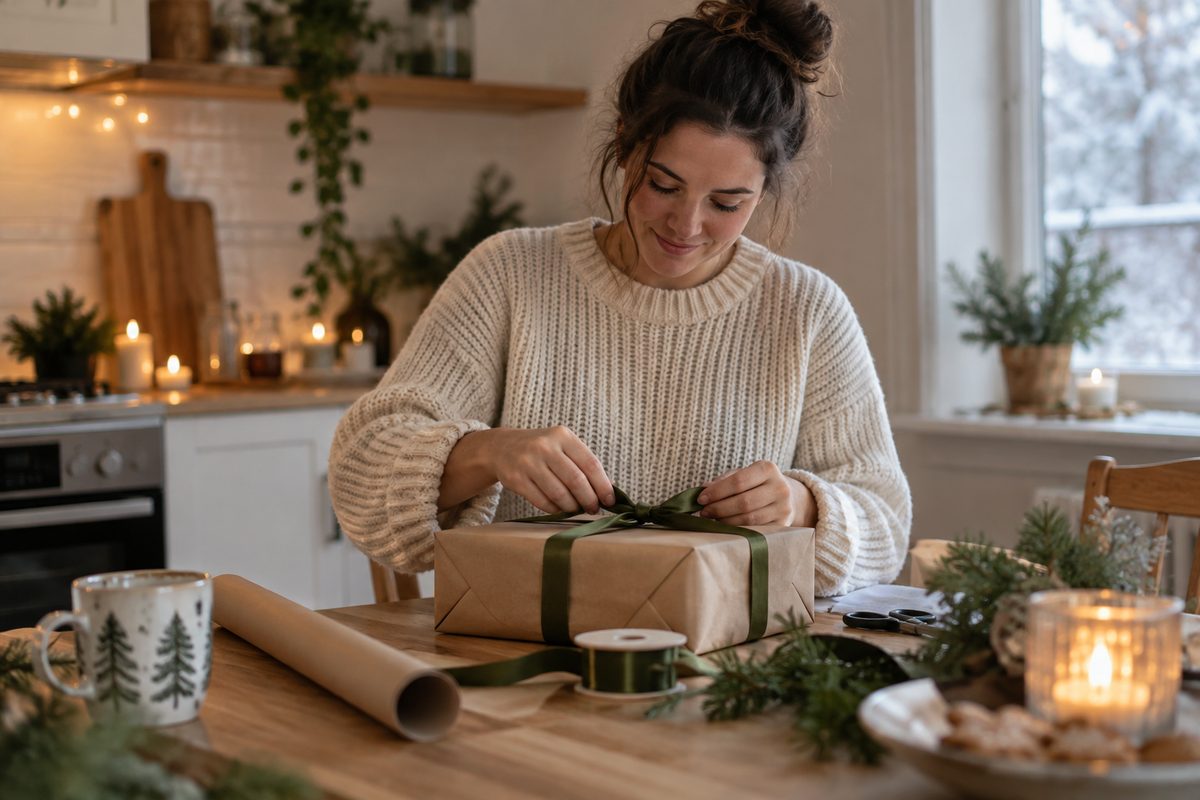 Woman wrapping a holiday gift at a cozy kitchen table