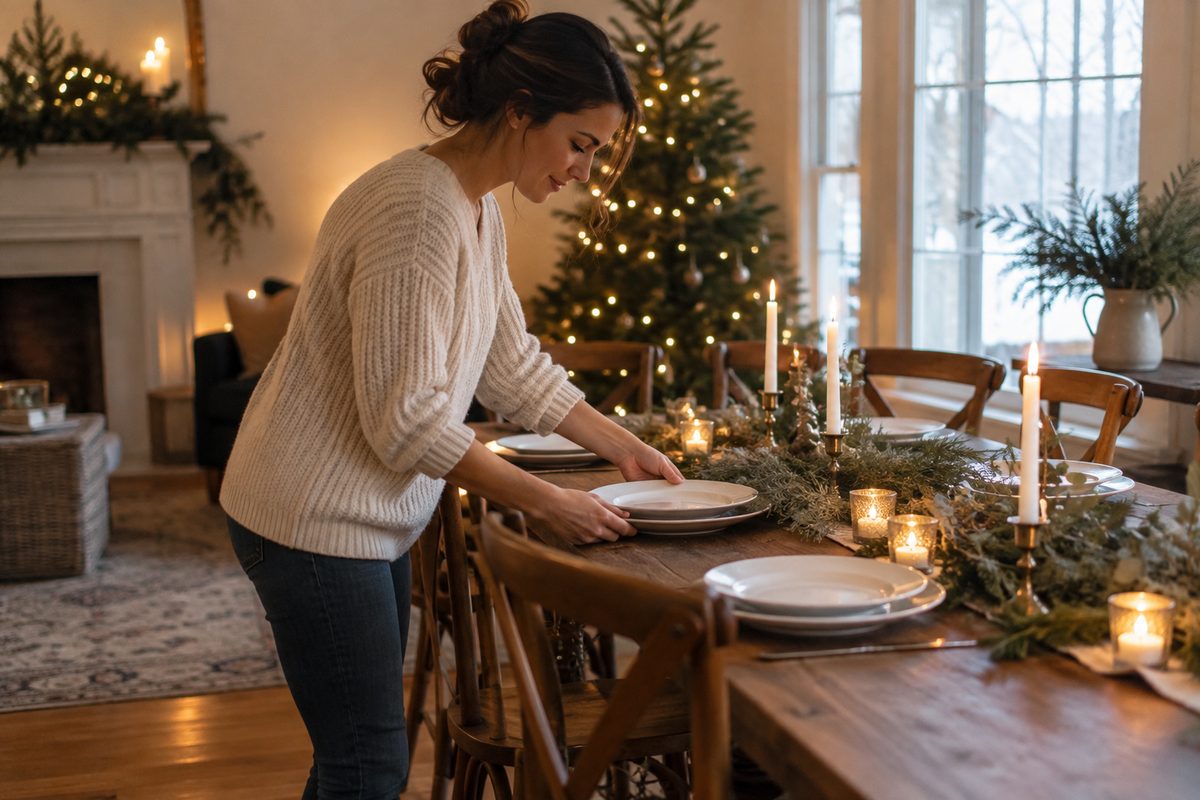 Host setting a Christmas dinner table in a warm living room