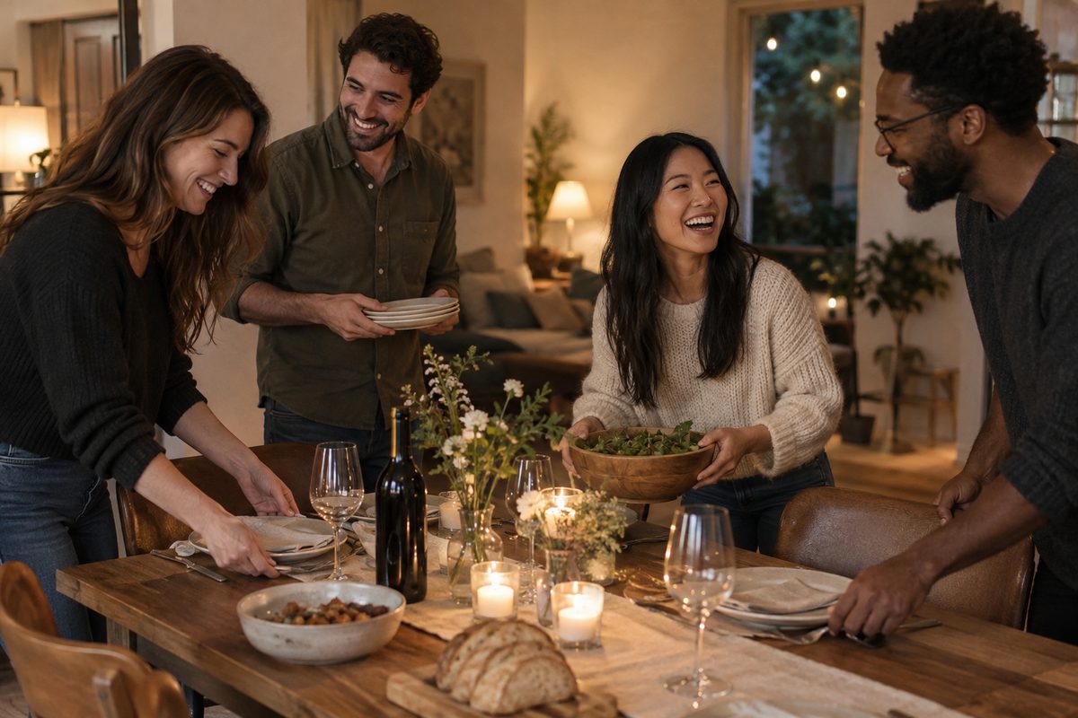Friends laughing while setting a dinner table together