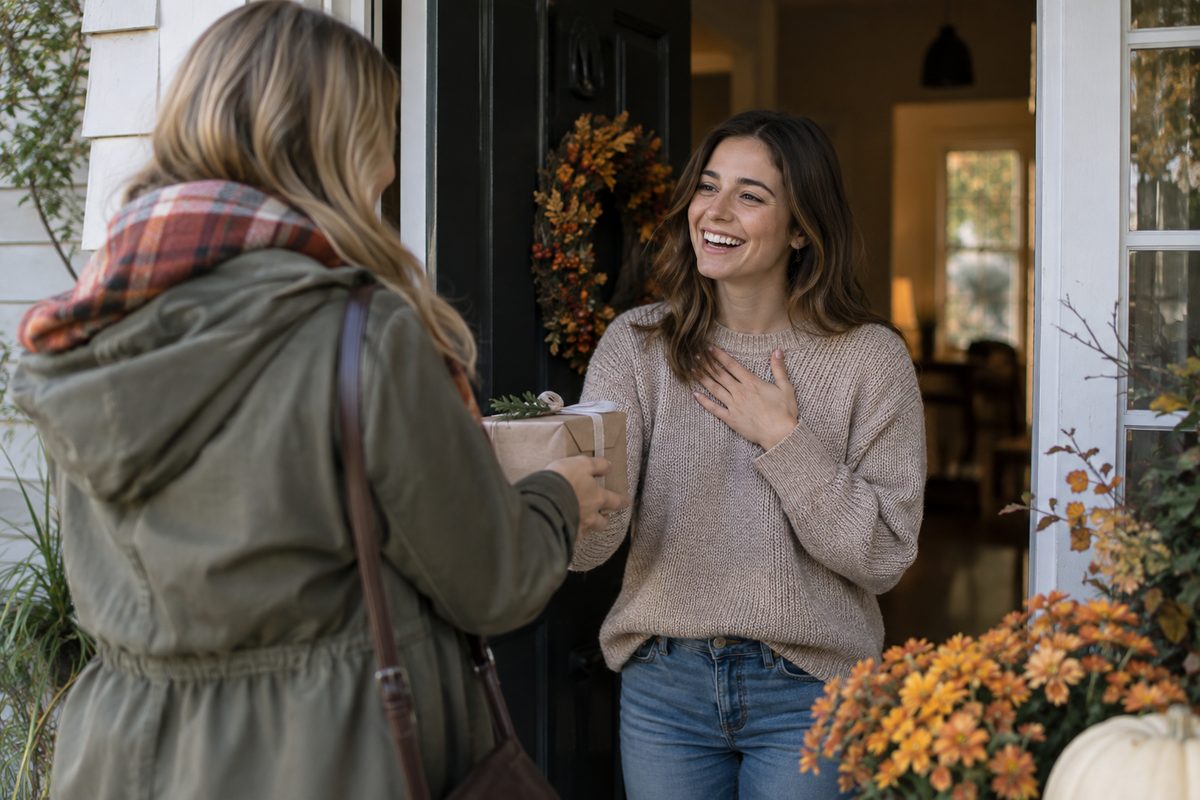Friends greeting each other at an autumn front door