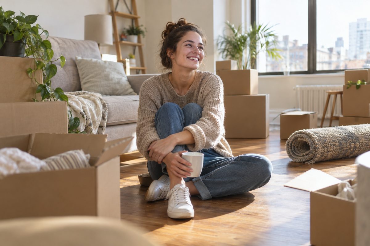 New renter taking a break among boxes in a sunny first apartment