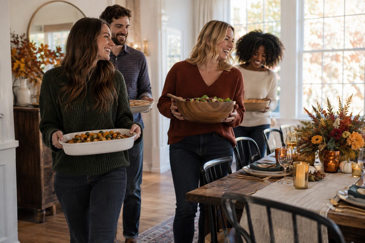 Friends arriving with dishes for a Friendsgiving meal