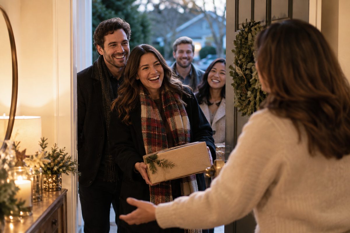 Host welcoming friends into a warmly lit home for dinner