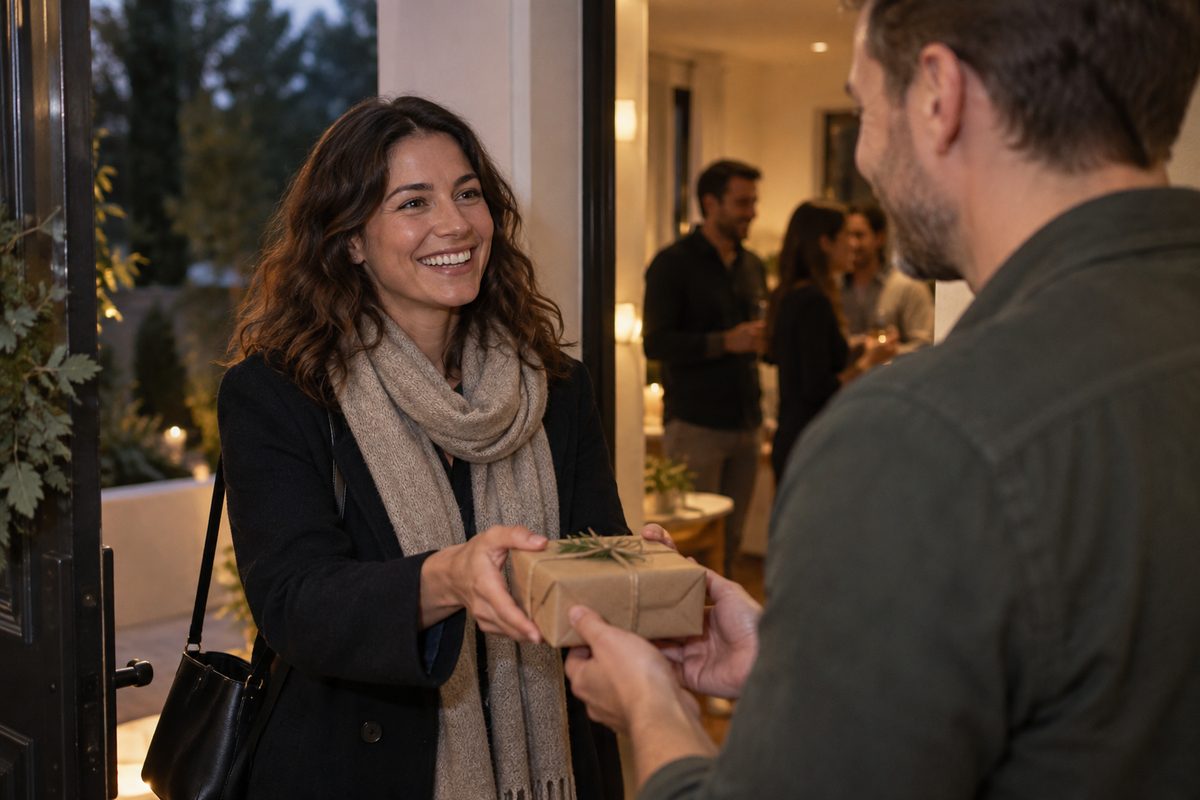 Dinner guest handing a small wrapped gift to the host