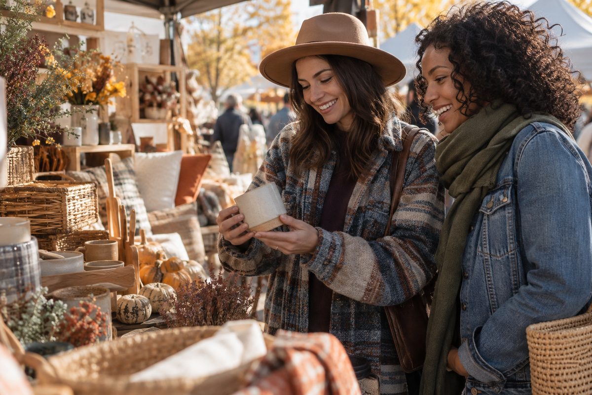 Friends browsing simple housewarming gifts at a market