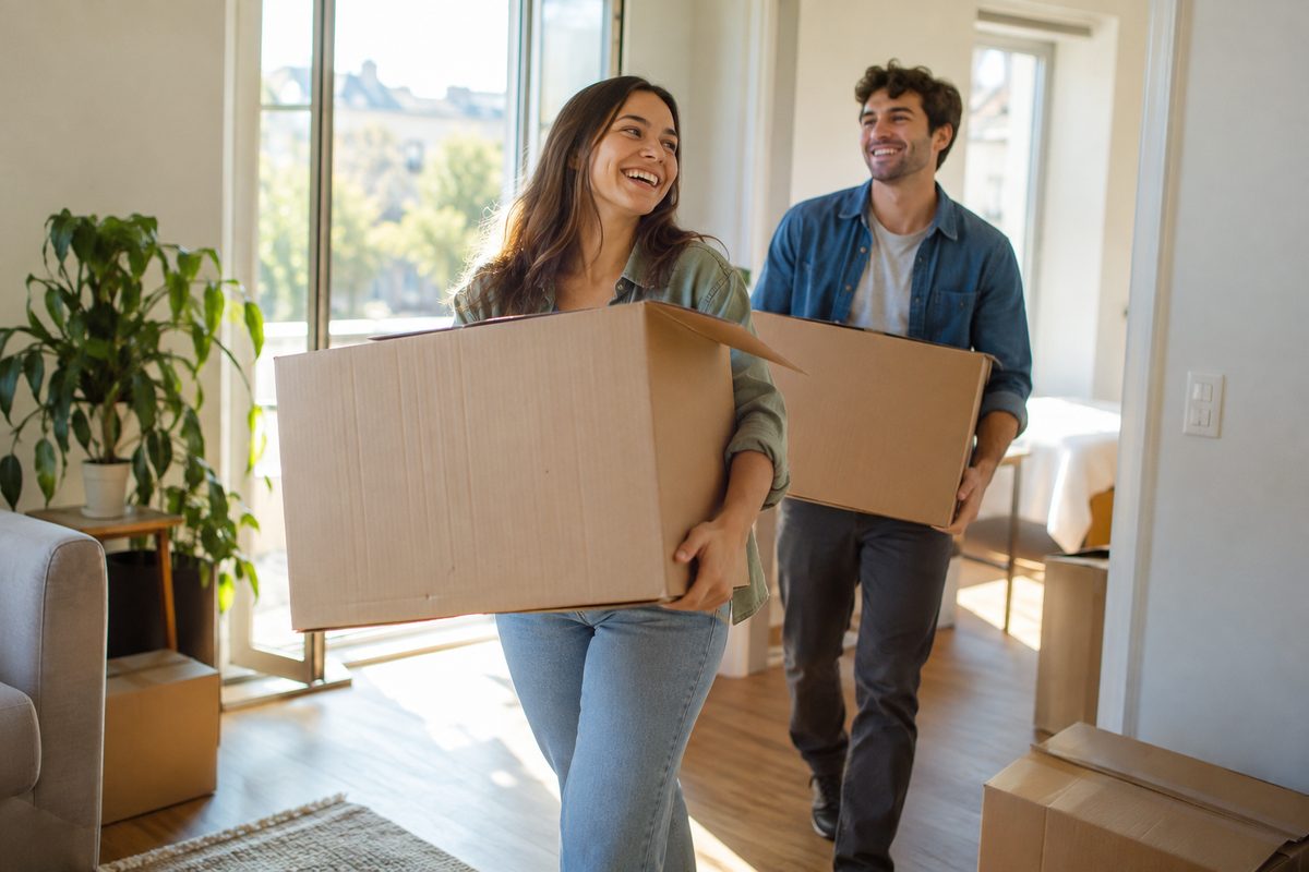 Two friends carrying moving boxes into a first apartment