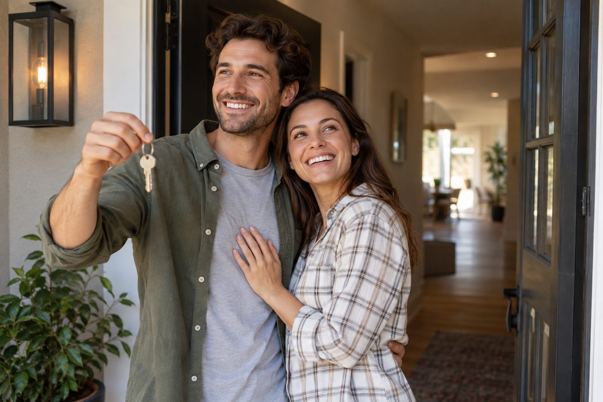 New homeowners celebrating with their house keys at the front door