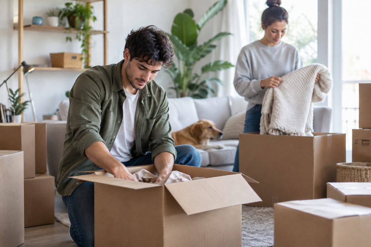 Two people packing boxes in a bright living room