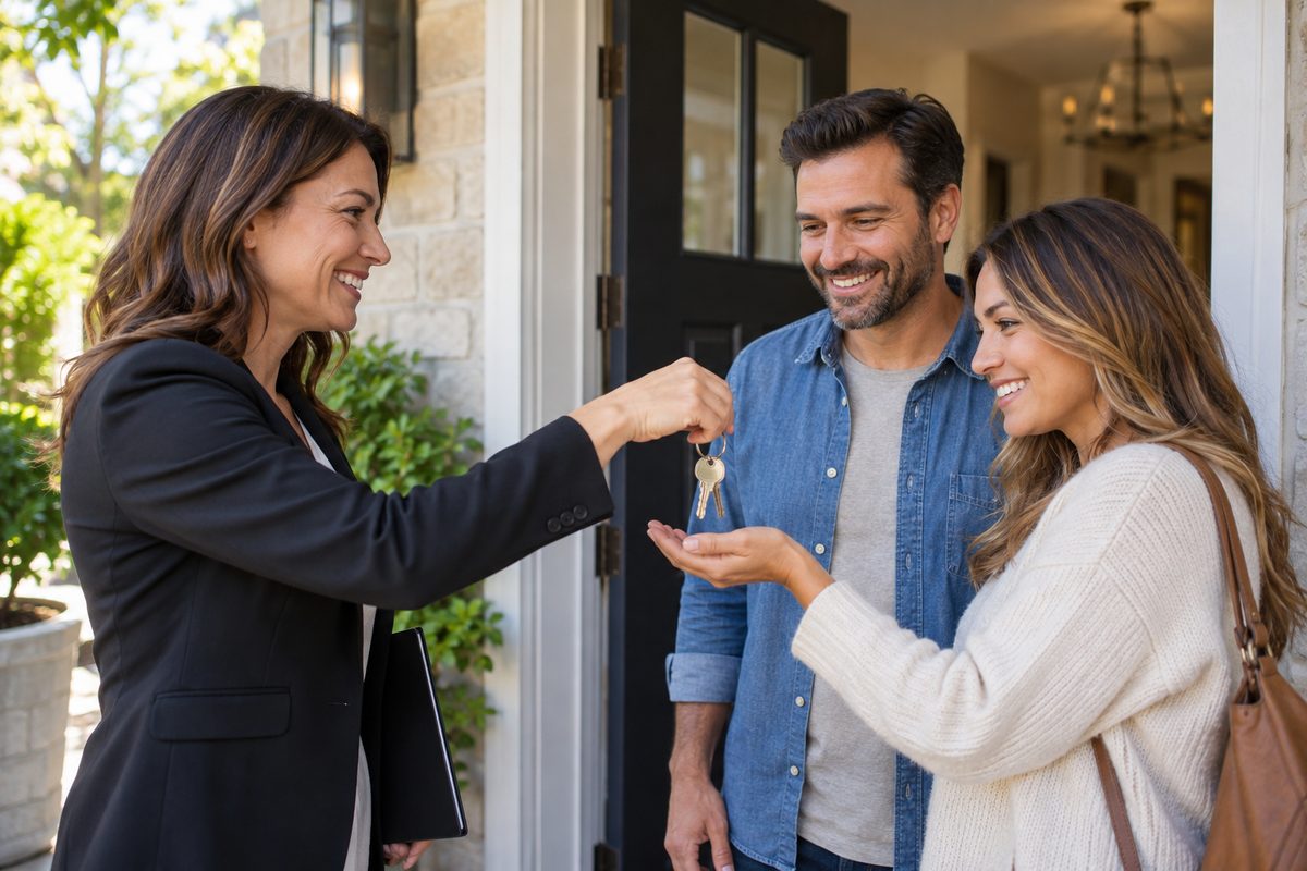 Realtor handing house keys to buyers at their new front door