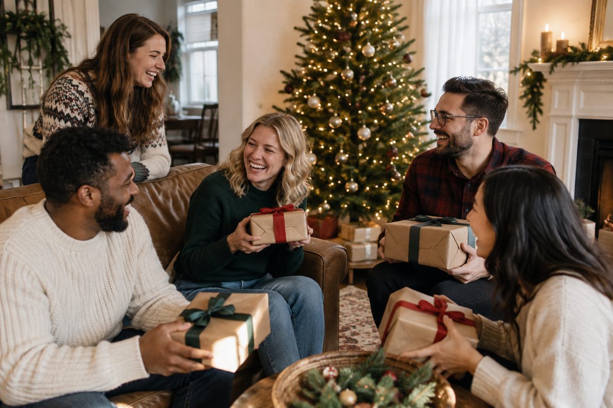 Friends exchanging wrapped gifts in a cozy Christmas living room