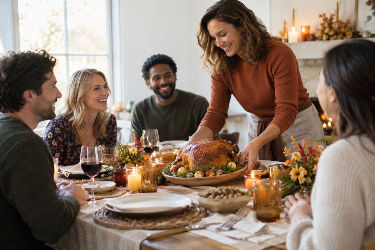 Host serving Thanksgiving dinner to friends at the table