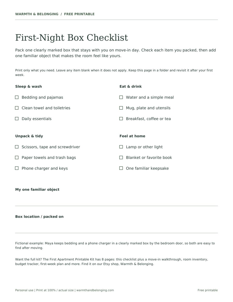 First-Night Box Checklist printable thumbnail