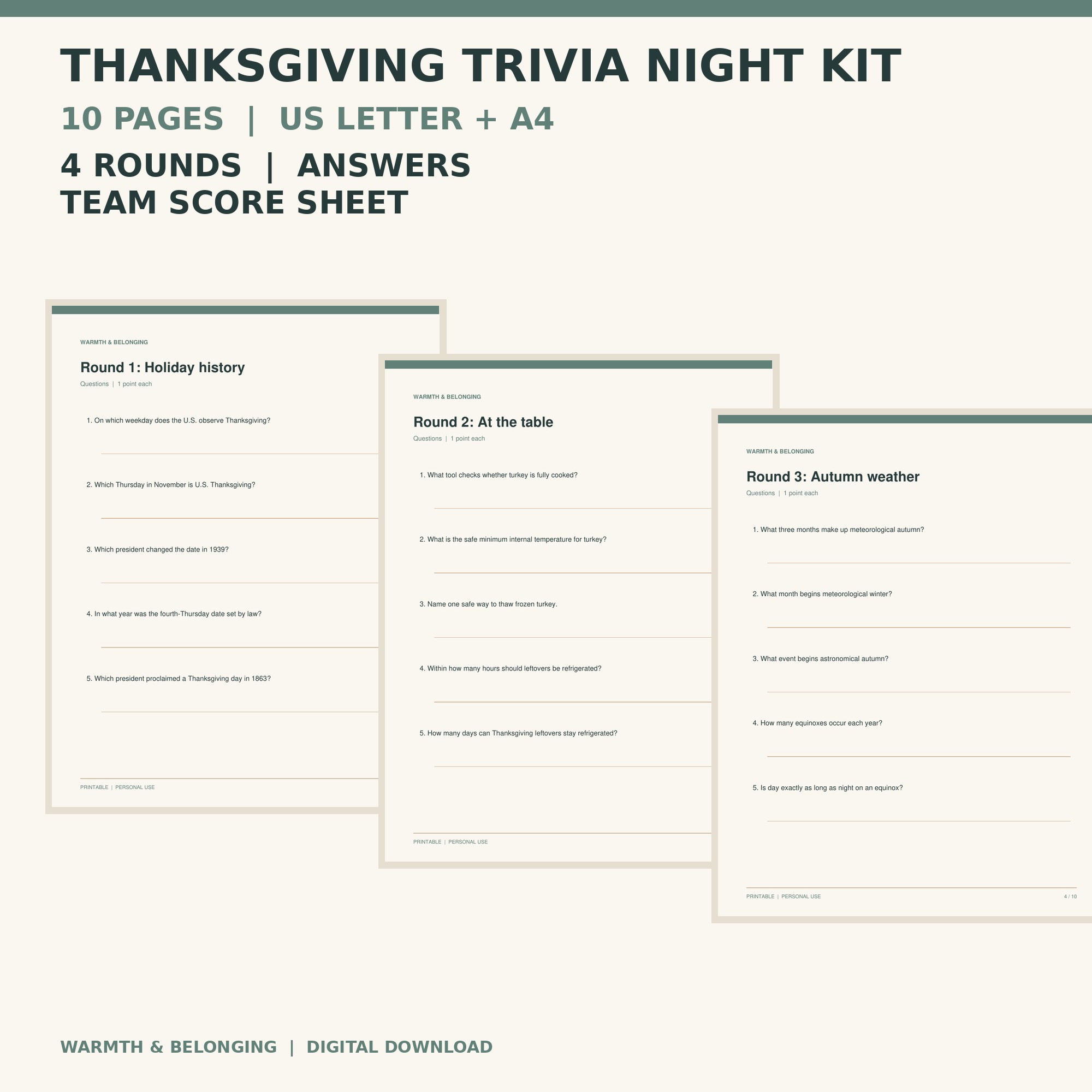 Thanksgiving Trivia Printable Game printable cover